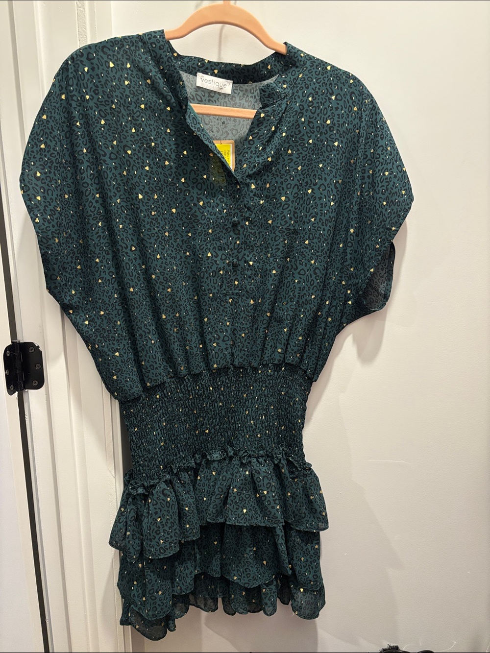 Vestique Dark Green Leopard Print Tiered Ruffle Dress with Gold Dots